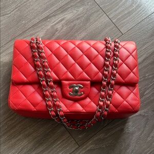 CHANEL Red Lambskin Medium Classic Double Flap Silver Hardware